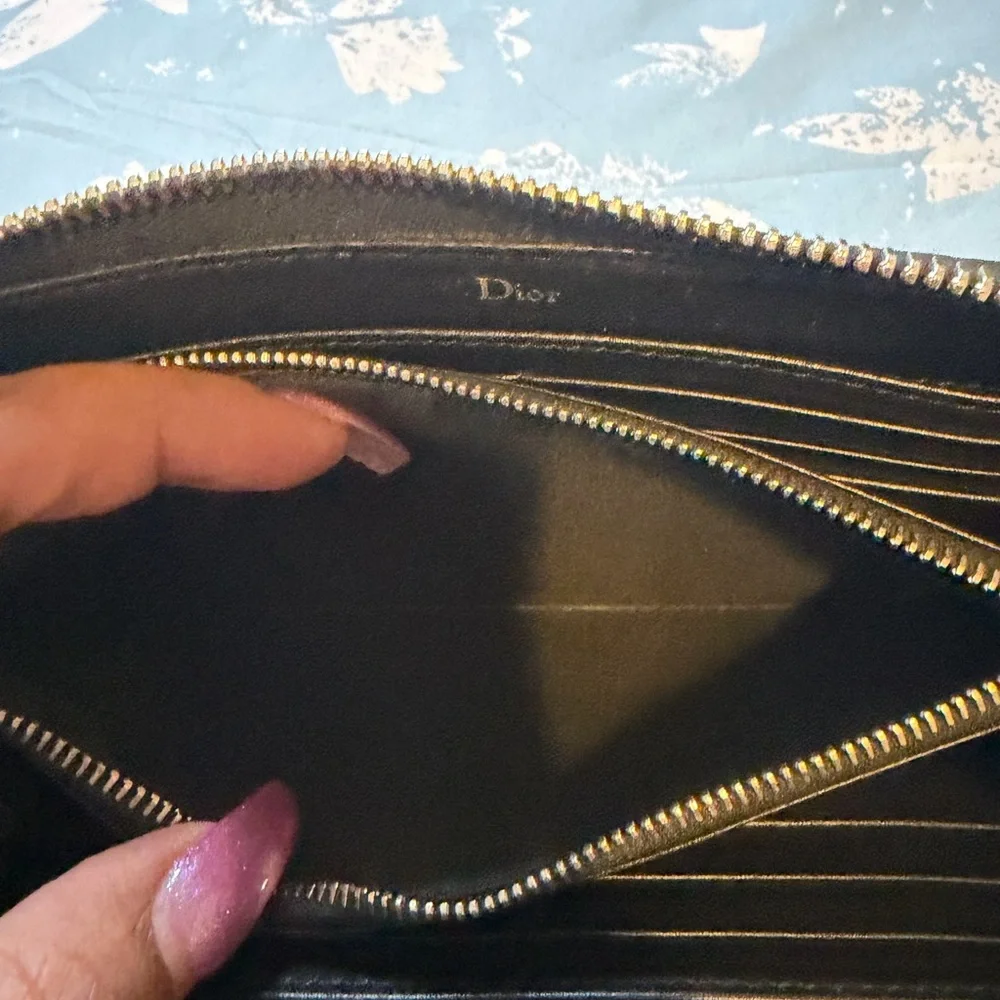 Dior Black Embossed Leather Zip-Around Wallet with Gold Logo